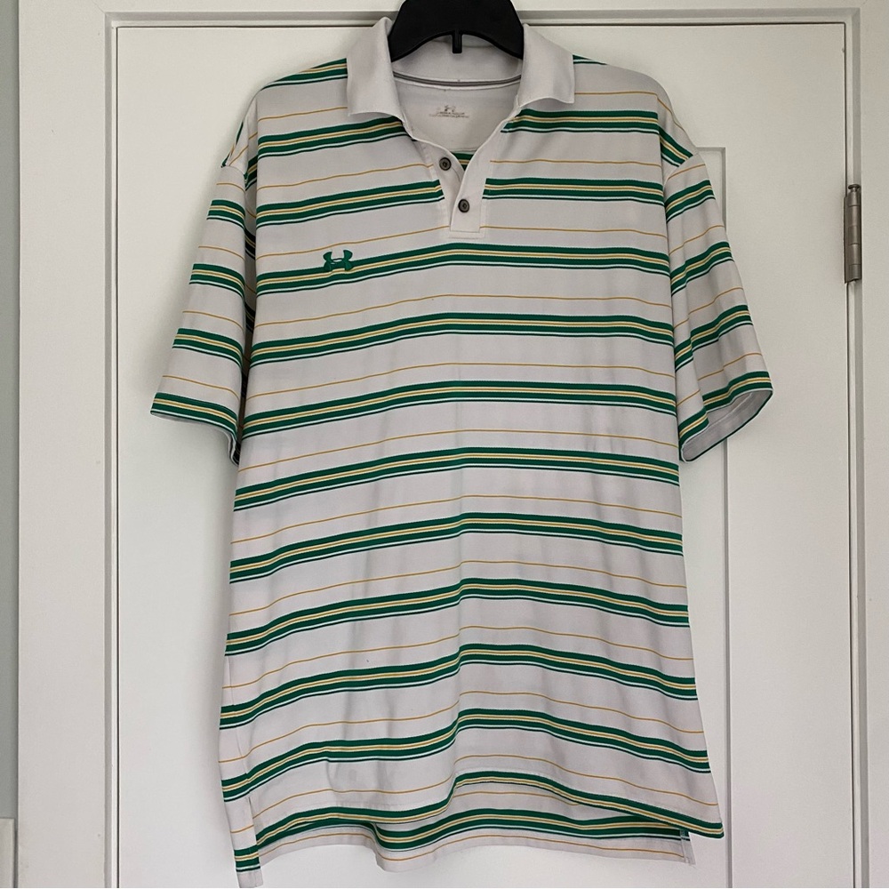 Under Armour White, Green, and Yellow Striped Polo Golf Shirt Size Large